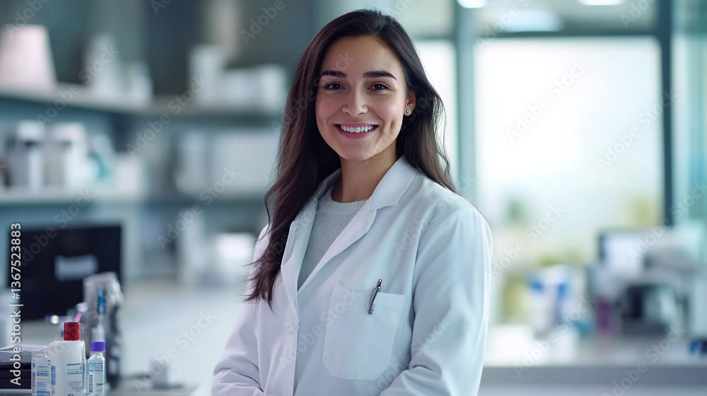 Obraz premium Portrait of a smiling female doctor in a white coat standing in a modern laboratory setting looking forward