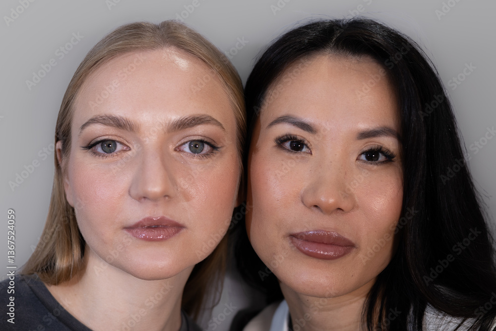 A professional makeup artist and a model pose together in a studio while holding beauty products. They are dressed stylishly, with a neutral background emphasizing elegance, professionalism A professional makeup artist and a model pose together in a studio while holding beauty products. They are dressed stylishly, with a neutral background emphasizing elegance, professionalism