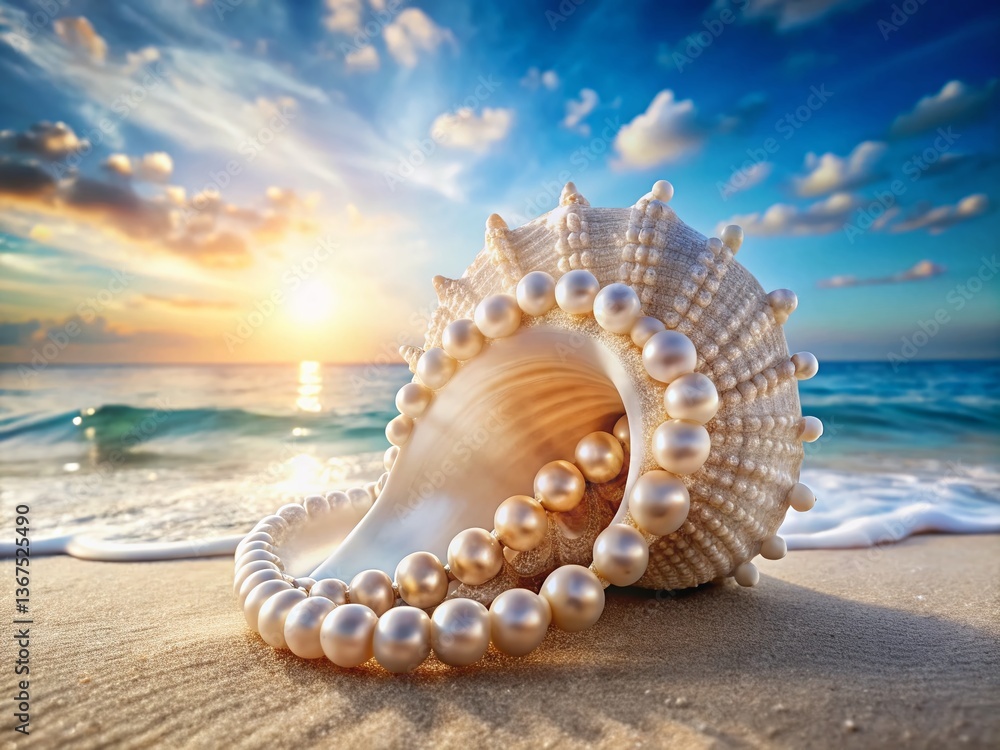 Drone Aerial View: Exotic Seashell with Pearl Beads on Sandy Beach