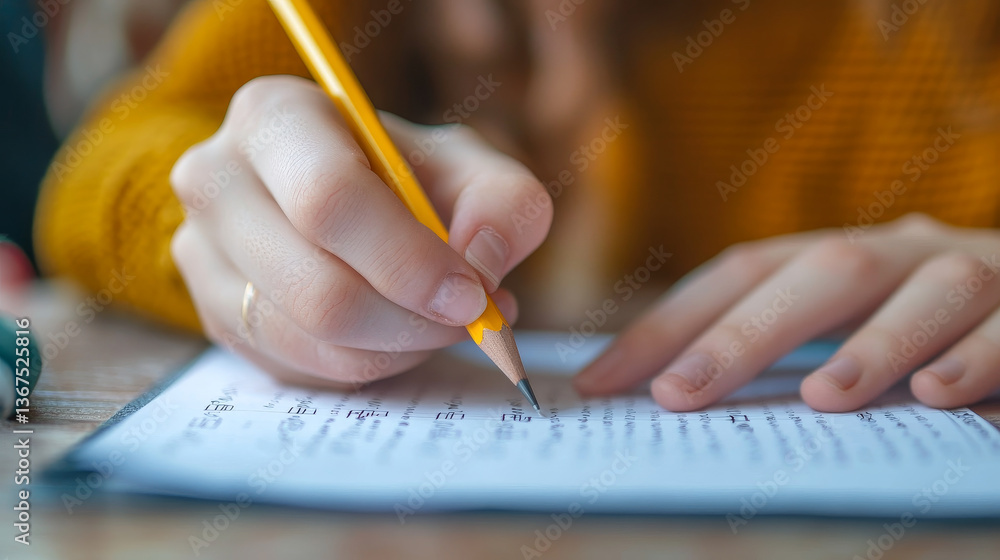 The student filling out answers to exam test answer sheet with a pencil. School and Education. Test score sheet with answers The student filling out answers to exam test answer sheet with a pencil. School and Education. Test score sheet with answers