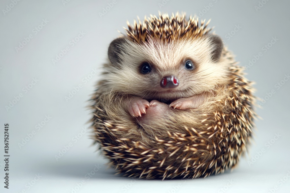 Fototapeta premium Baby hedgehog curled into a ball, tiny soft quills, adorable face, ultra-detailed, isolated.