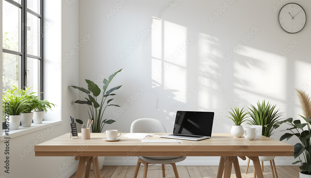 Fototapeta premium Bright and airy home office with a wooden desk and many green plants