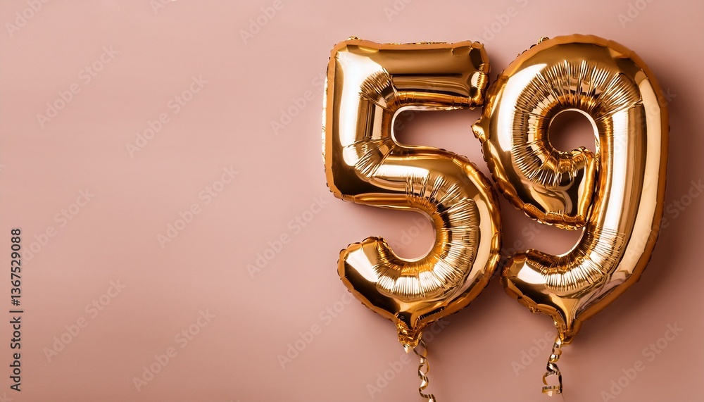 Banner with 59 number golden balloons with pastel background, copy space. Generated image Banner with 59 number golden balloons with pastel background, copy space. Generated image