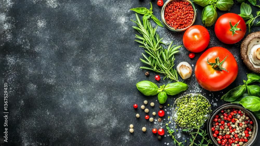 Fresh vegetables and herbs arranged on a dark surface for healthy cooking preparation Fresh vegetables and herbs arranged on a dark surface for healthy cooking preparation
