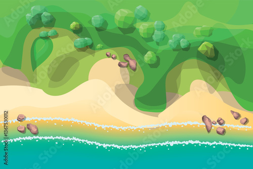 Top view of the sea coast, bay, with water, yellow sand, brown rocks and stones, green polygonal geometric plants and trees, hills. Wild beach. View from above. Aerial.