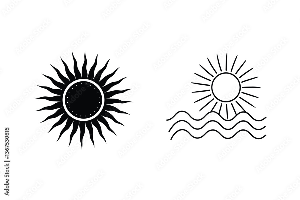 Fototapeta premium Sun Icons Summer, Beach, Vacation, Ocean, Simple, Line Art, Black, White, Design Elements, Symbols