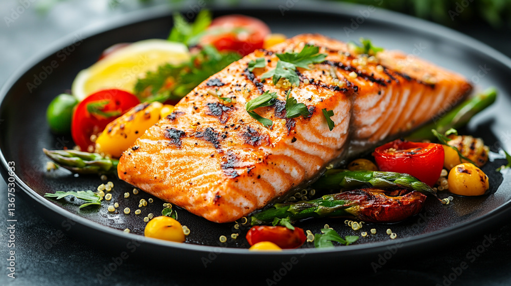 Delicious grilled salmon with fresh vegetables on a plate Delicious grilled salmon with fresh vegetables on a plate