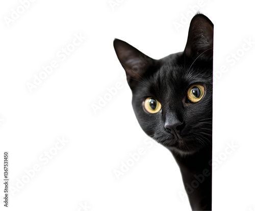 Black cat peeking around white corner, bright yellow eyes wide with intense curiosity. This feline is peeking with hidden intrigue, perfect for marketing needing surprise element. Cute pet peeking cap