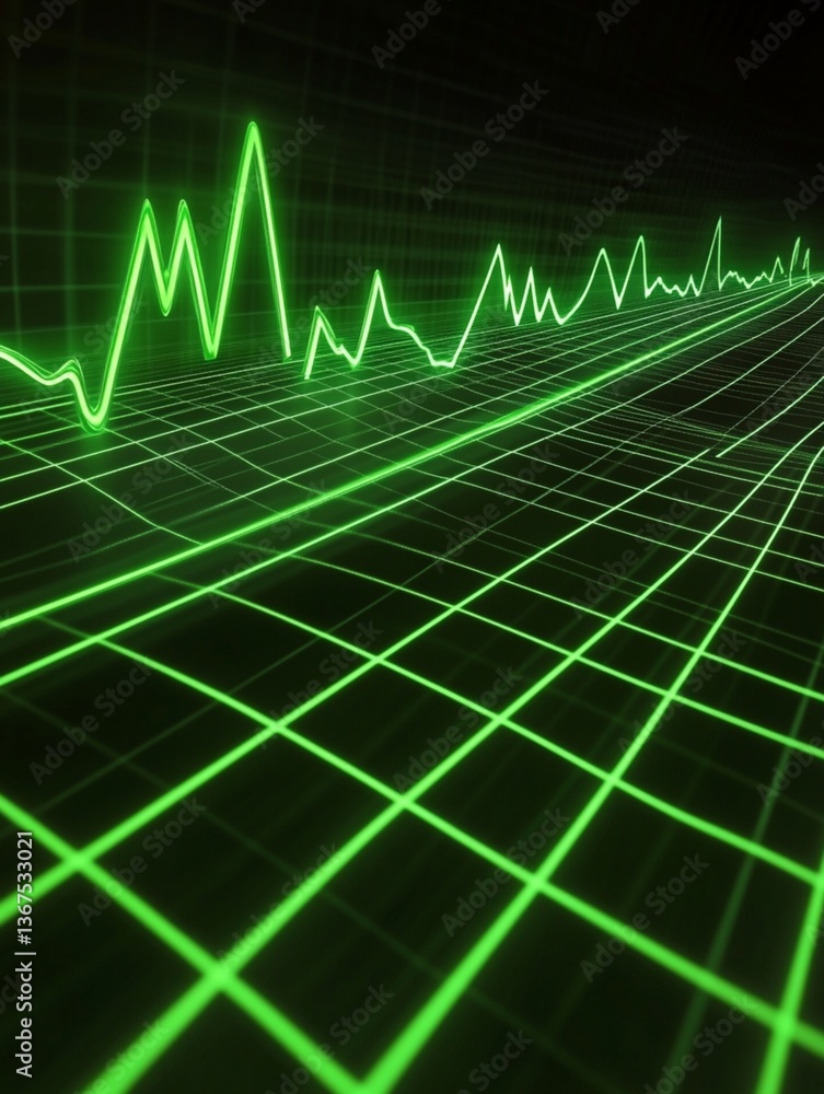 Naklejka premium Dynamic Signal Visualization: a striking visual of an animated waveform, displayed on a glowing grid, embodies the essence of data analysis and technological advancement.