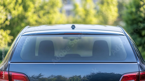 Rear view of modern black car in green environment