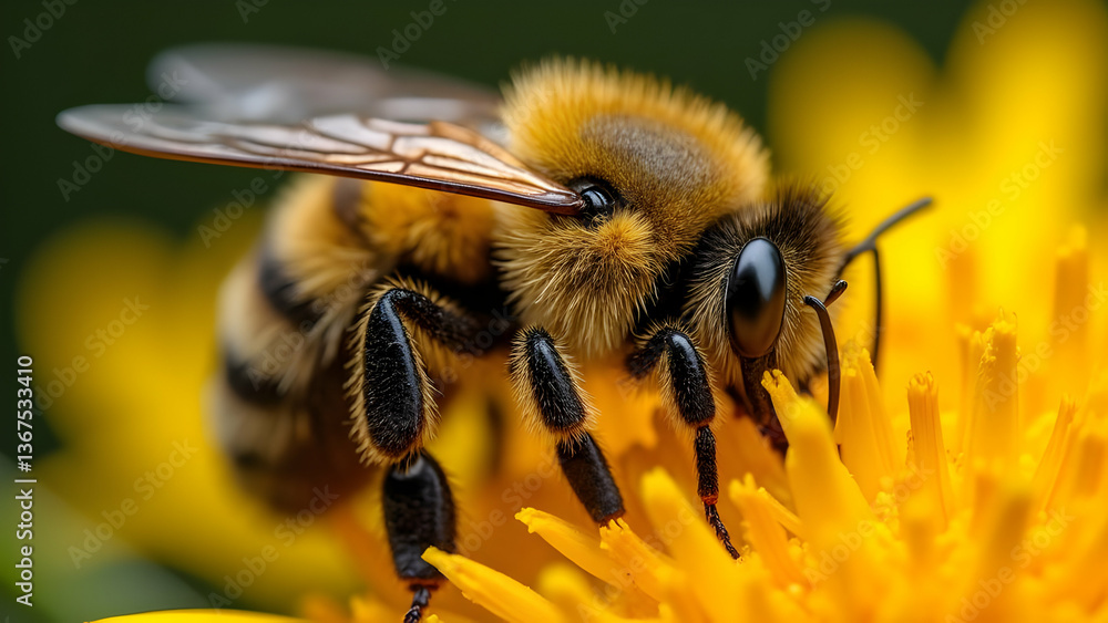 Macro closeup of a bumblebee gathering yellow pollen from a summer flower Macro closeup of a bumblebee gathering yellow pollen from a summer flower
