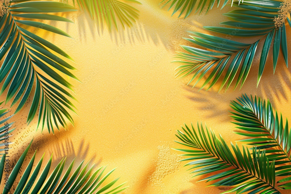 Tropical golden sand background with palm leaves creating a summer frame for copy space Tropical golden sand background with palm leaves creating a summer frame for copy space