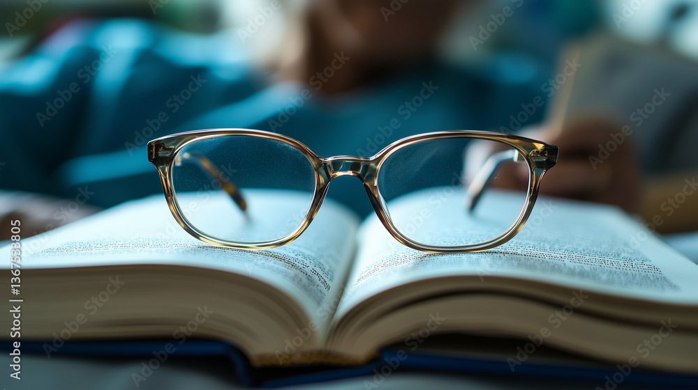 Eyeglasses on open book with elderly person in background Eyeglasses on open book with elderly person in background