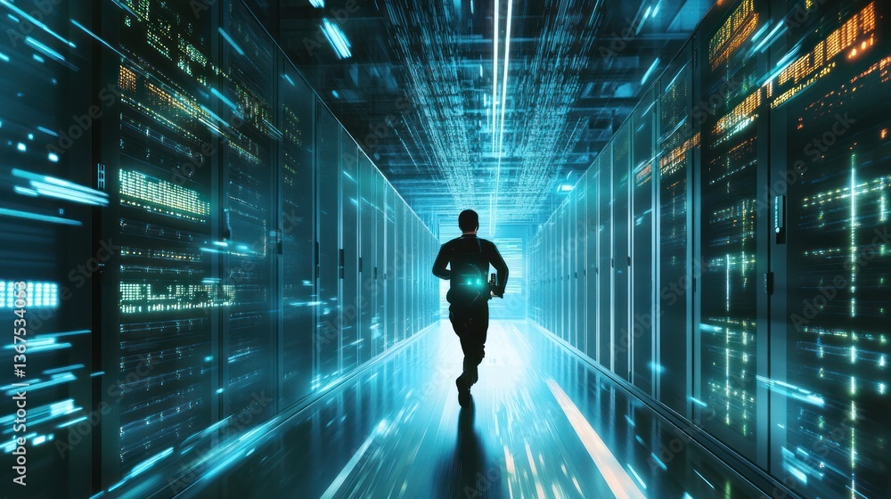 Urgent IT Response: Technician Rushing Through Data Center for Server Maintenance Urgent IT Response: Technician Rushing Through Data Center for Server Maintenance