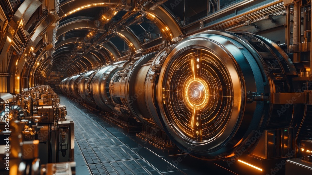 Futuristic cylindrical metallic structures in a tunnel with glowing elements Futuristic cylindrical metallic structures in a tunnel with glowing elements