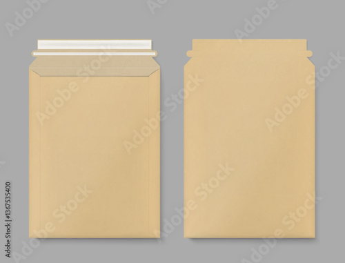 Kraft rigid mailer mockup. Front and back views. Vector illustration isolated on grey background. Perfect for easy customisation and editing your design. EPS10.	