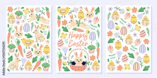 Happy Easter 3 vertical posters collection with bunny and different elements. Greeting hand drawn card on white background. Flat illustration with partial outline. Isolated vector illustration.