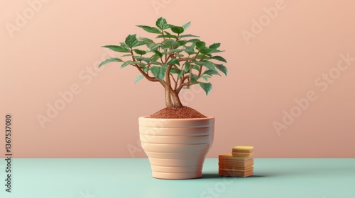 Symbol of Growth and Prosperity  Potted Plant with Stacked Gold Coins on Pastel Background