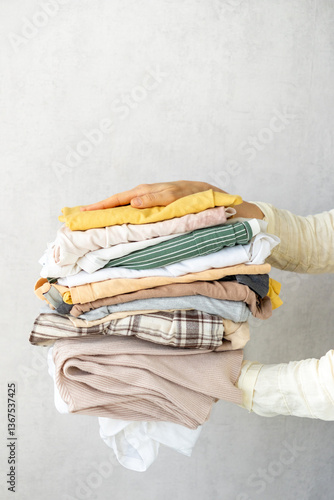 Laundry, woman holds stack of clothes in her hands after dry cleaning. housework, cleaning and ironing. taking care of cleanliness. cleaning, dry cleaning, washing powder, mock up.