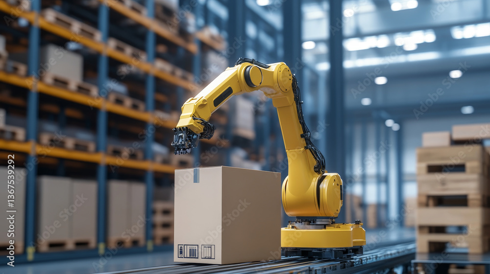 Isometric yellow robotic arm carry cardboard box in warehouse. Automated warehouse. Autonomous robot transportation in warehouses Isometric yellow robotic arm carry cardboard box in warehouse. Automated warehouse. Autonomous robot transportation in warehouses