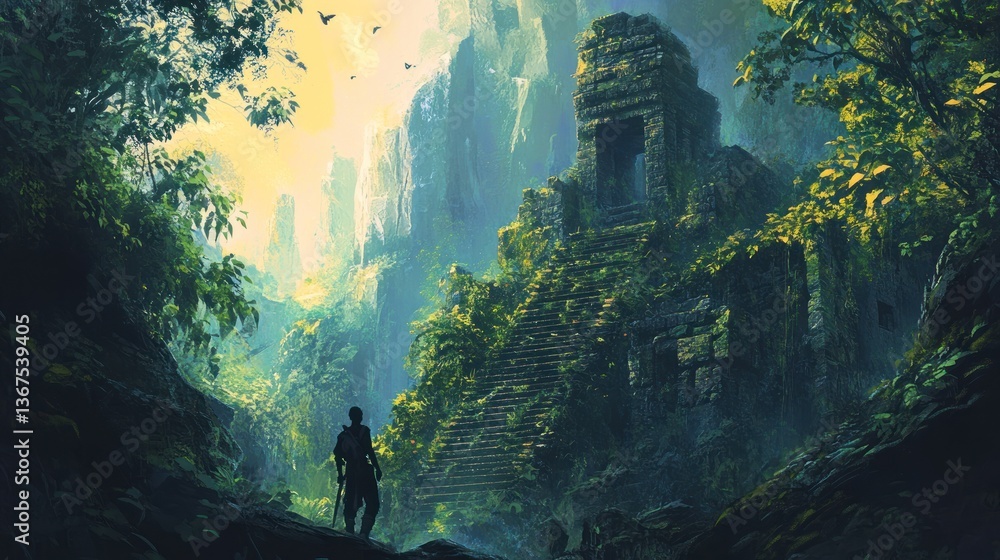 Obraz premium An explorer's silhouette gazes upon ancient ruins enveloped by dense jungle vegetation