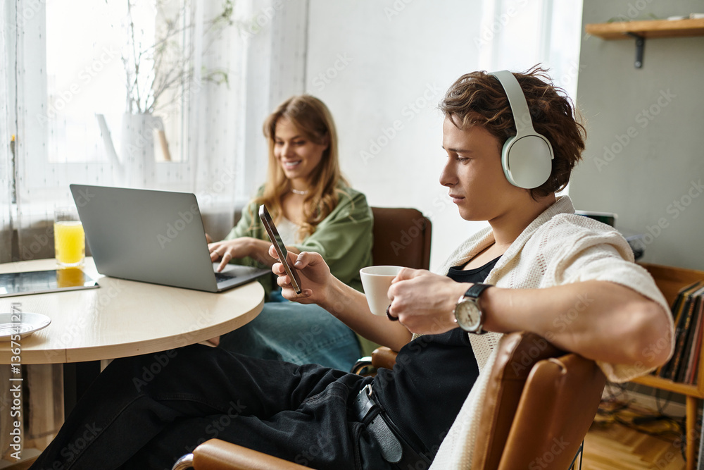 Obraz premium Cozy moments shared by a loving couple while enjoying their time at home together