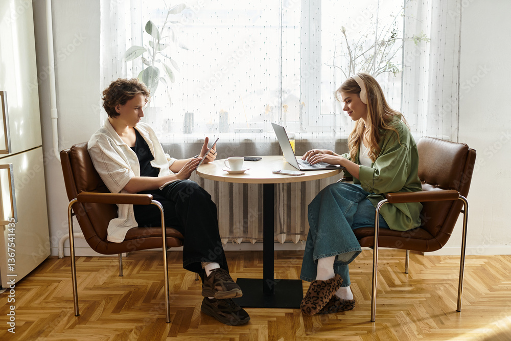 Loving couple enjoys cozy time together while working and relaxing in their modern home Loving couple enjoys cozy time together while working and relaxing in their modern home