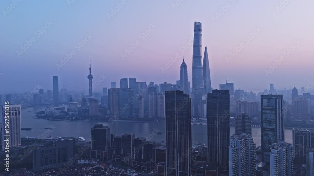 4K Real Time Aerial view of Shanghai skyline and winding river at sunrise. 4K Real Time Aerial view of Shanghai skyline and winding river at sunrise.