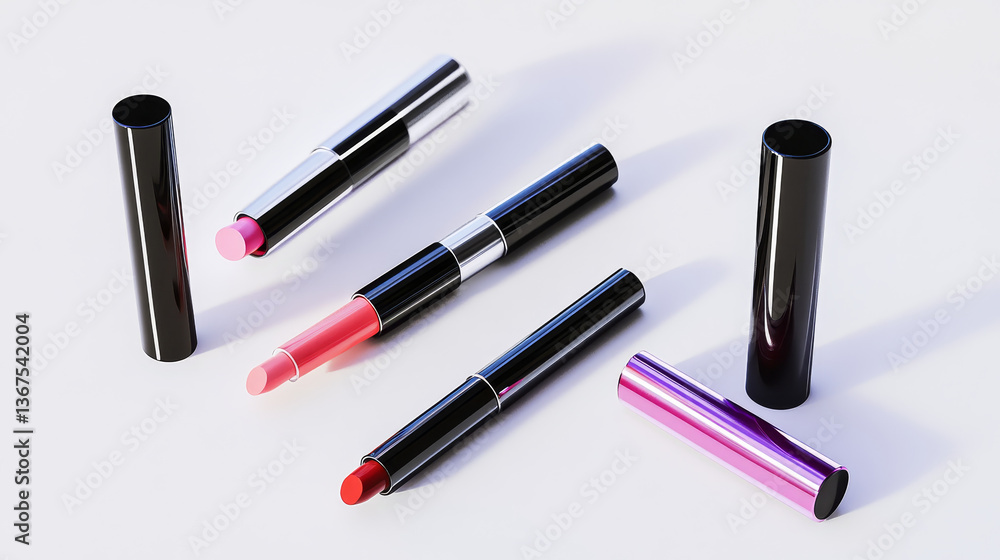 Set of lip gloss and lipstick templates open and closed isolated on white background. Realistic mockup for decorative female cosmetics. 3d vector illustration Set of lip gloss and lipstick templates open and closed isolated on white background. Realistic mockup for decorative female cosmetics. 3d vector illustration