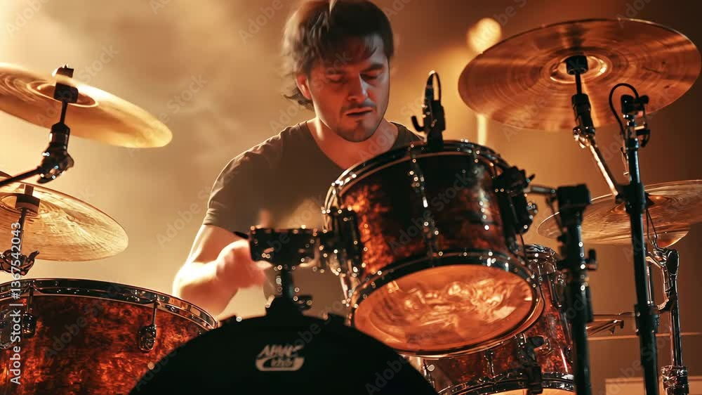 At a live performance, a drummer plays the drum equipment.