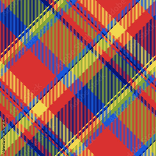 Vibrant diagonal plaid pattern in bold, saturated colors.  Perfect for textile design, fashion, or website backgrounds.  This dynamic, geometric textile evokes energy and style.