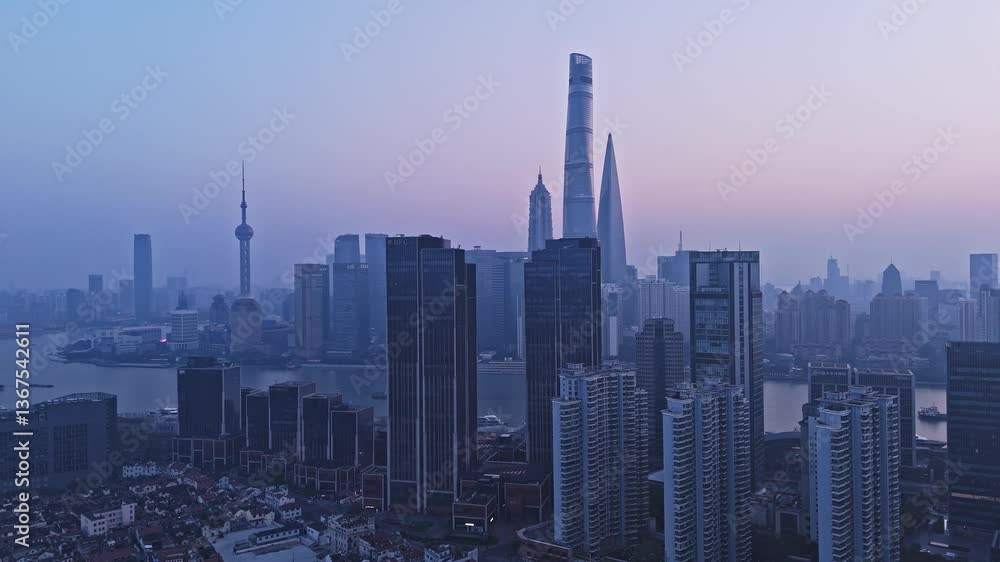4K Real Time Aerial view of Shanghai skyline and winding river at sunrise. 4K Real Time Aerial view of Shanghai skyline and winding river at sunrise.