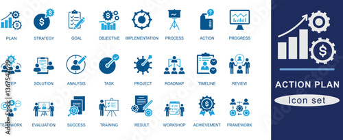 Action Plan best icon se. Plan, Strategy, Goal, Objective, Progress, Implementation, Process, Action.