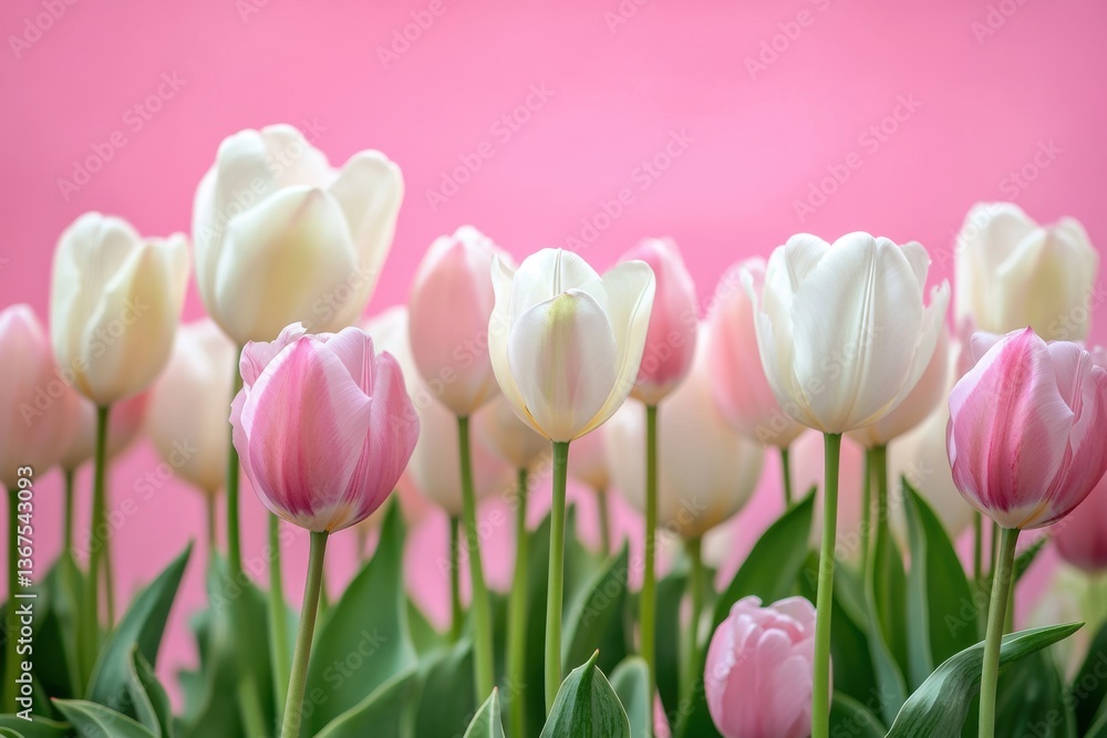 A delightful array of pink and white tulips blooming against a vibrant pink backdrop creating a soft floral scene A delightful array of pink and white tulips blooming against a vibrant pink backdrop creating a soft floral scene
