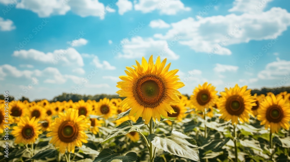 Fototapeta premium Vibrant sunflowers stretch toward the endless summer sky in an expansive field