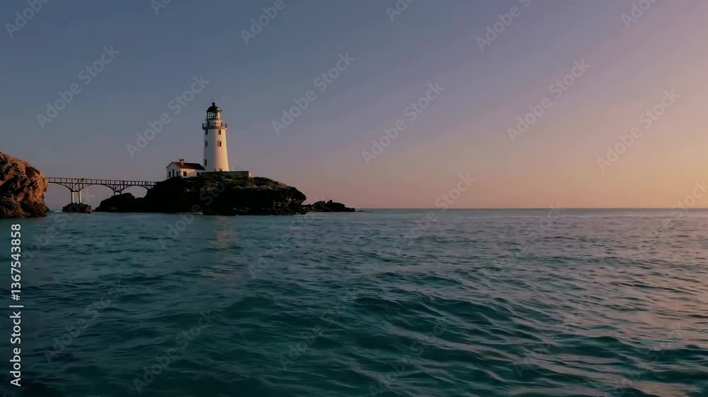 Tranquil sunset over ocean as waves gently lap against rocky island lighthouse Tranquil sunset over ocean as waves gently lap against rocky island lighthouse