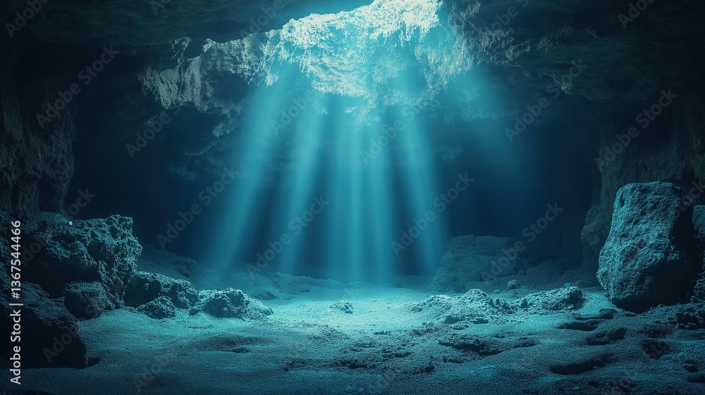 Obraz premium Glowing organic compounds in a mysterious underground cave, rocky textures bathed in faint light beams, evoking a sense of discovery.
