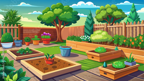 vector of picturesque backyard where fresh planting beds line a sturdy wooden fence