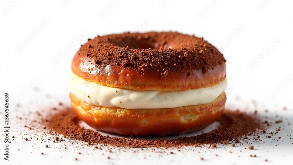A tiramisu donut with mascarpone filling and cocoa powder on a white background. A tiramisu donut with mascarpone filling and cocoa powder on a white background.