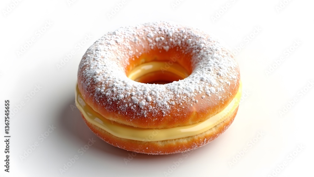 A vanilla custard filled donut with a powdered sugar coating on a white background. A vanilla custard filled donut with a powdered sugar coating on a white background.