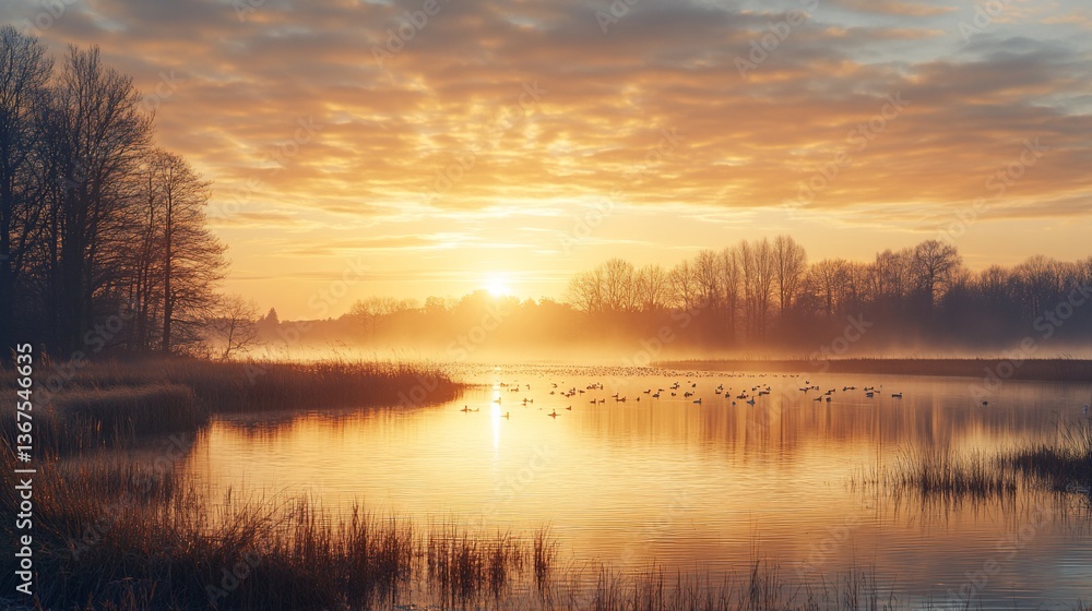 Idyllic golden sunrise reflecting on a tranquil lake with ducks in a scenic area Idyllic golden sunrise reflecting on a tranquil lake with ducks in a scenic area
