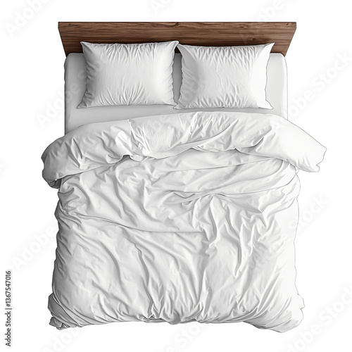 top view of bed with white linens on white background
