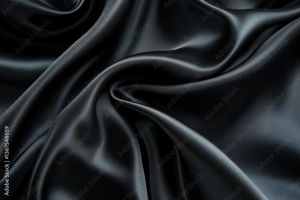A close up view of draped black satin fabric with soft folds and gentle curves creating a luxurious texture A close up view of draped black satin fabric with soft folds and gentle curves creating a luxurious texture
