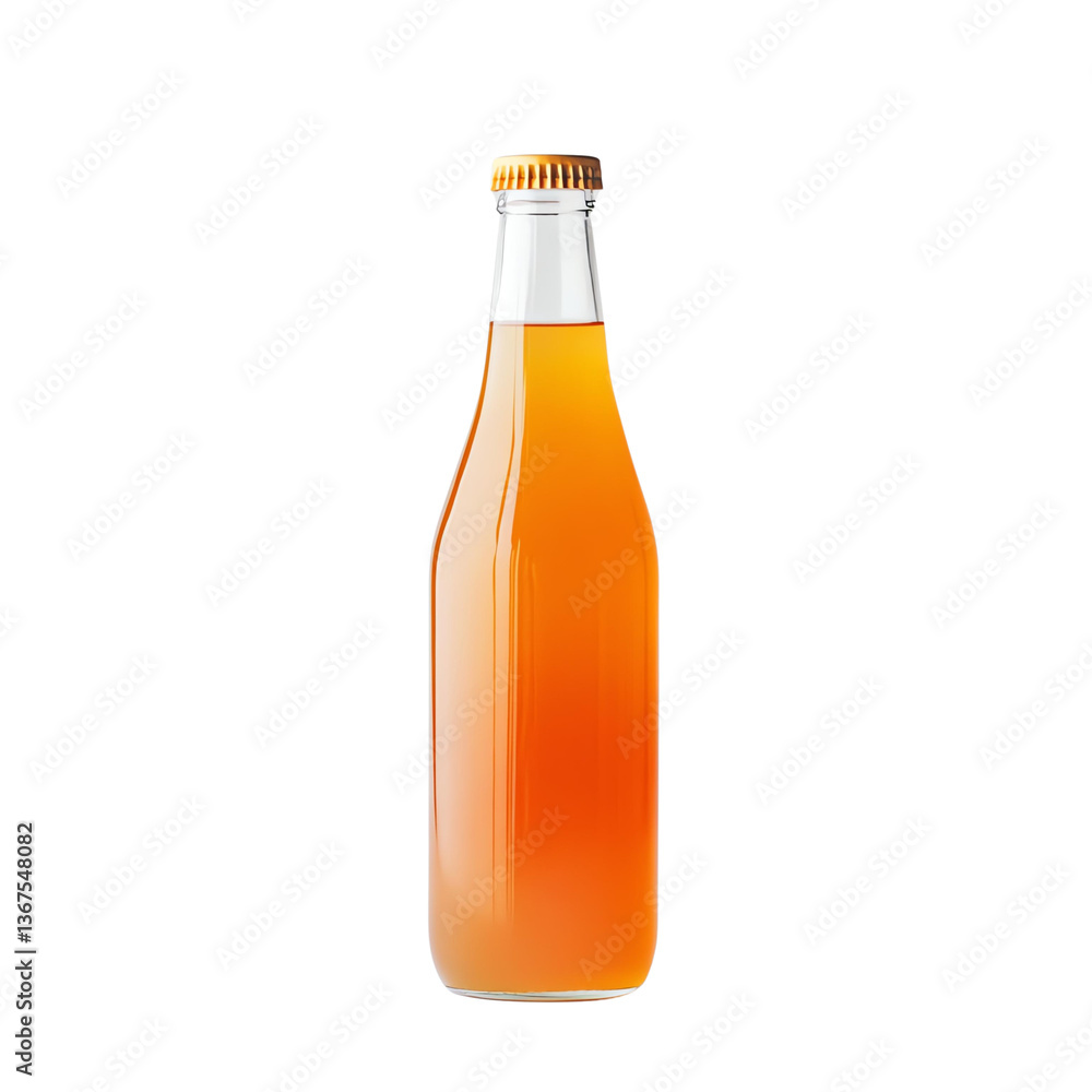 Isolate Transparent A clear glass bottle filled with refreshing orange beverage. PNG DIE-CUT FOR ADVERTISING Isolate Transparent A clear glass bottle filled with refreshing orange beverage. PNG DIE-CUT FOR ADVERTISING