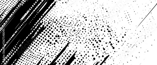 Vector abstract black background with halftone dots and brush strokes with rough dirty grainy design Vintage grunge.