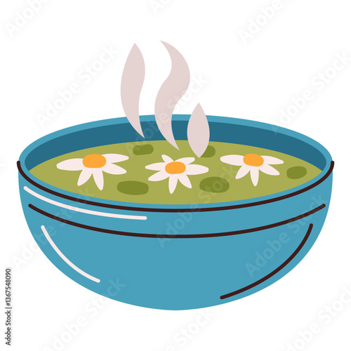 A basin with hot water, chamomile and medicinal herbs. Home treatment of colds with folk methods. Vector illustration in flat style, isolated on a white background