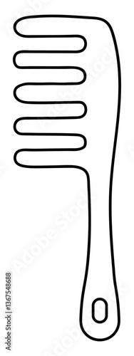 Hair detangling comb. Sketch. Vector illustration. Outline on isolated white background. Doodle style. Plastic comb with rare teeth in one row. There is a hole on the handle for hanging the accessory 