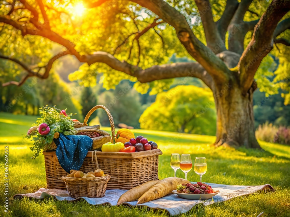Elegant Picnic Basket Beneath Ancient Oaks with Majestic Peacock Elegant Picnic Basket Beneath Ancient Oaks with Majestic Peacock
