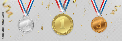 Realistic award medal set with gold, silver, and bronze prizes, podiums, ribbons, and confetti for victory, competition, and championship design.
