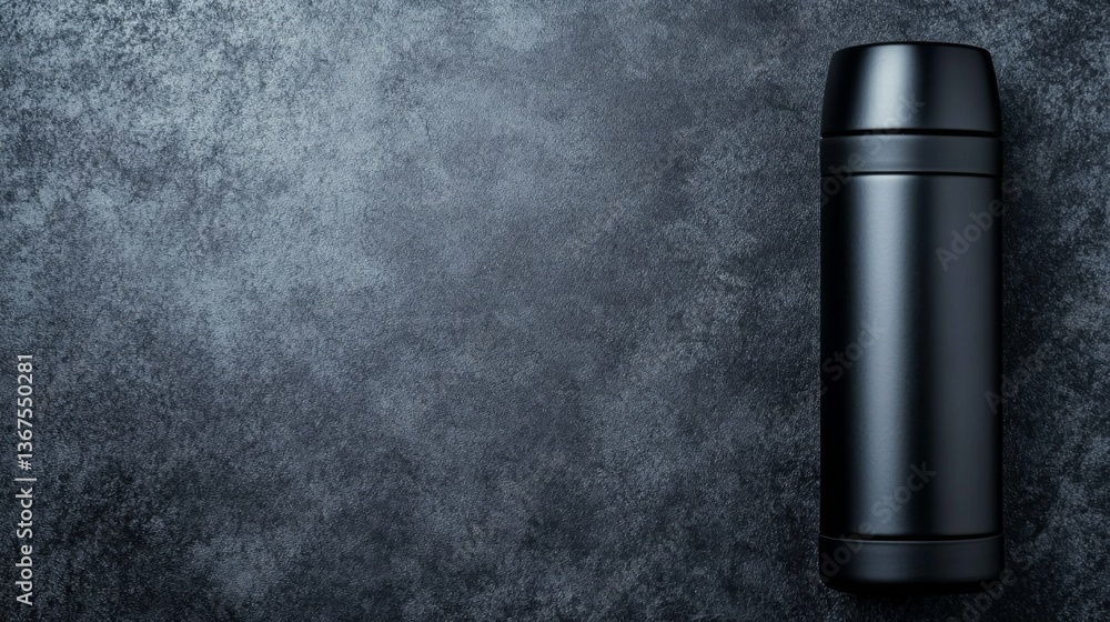 Fototapeta premium Sleek Black Thermos on Textured Dark Gray Surface with Subtle Reflections